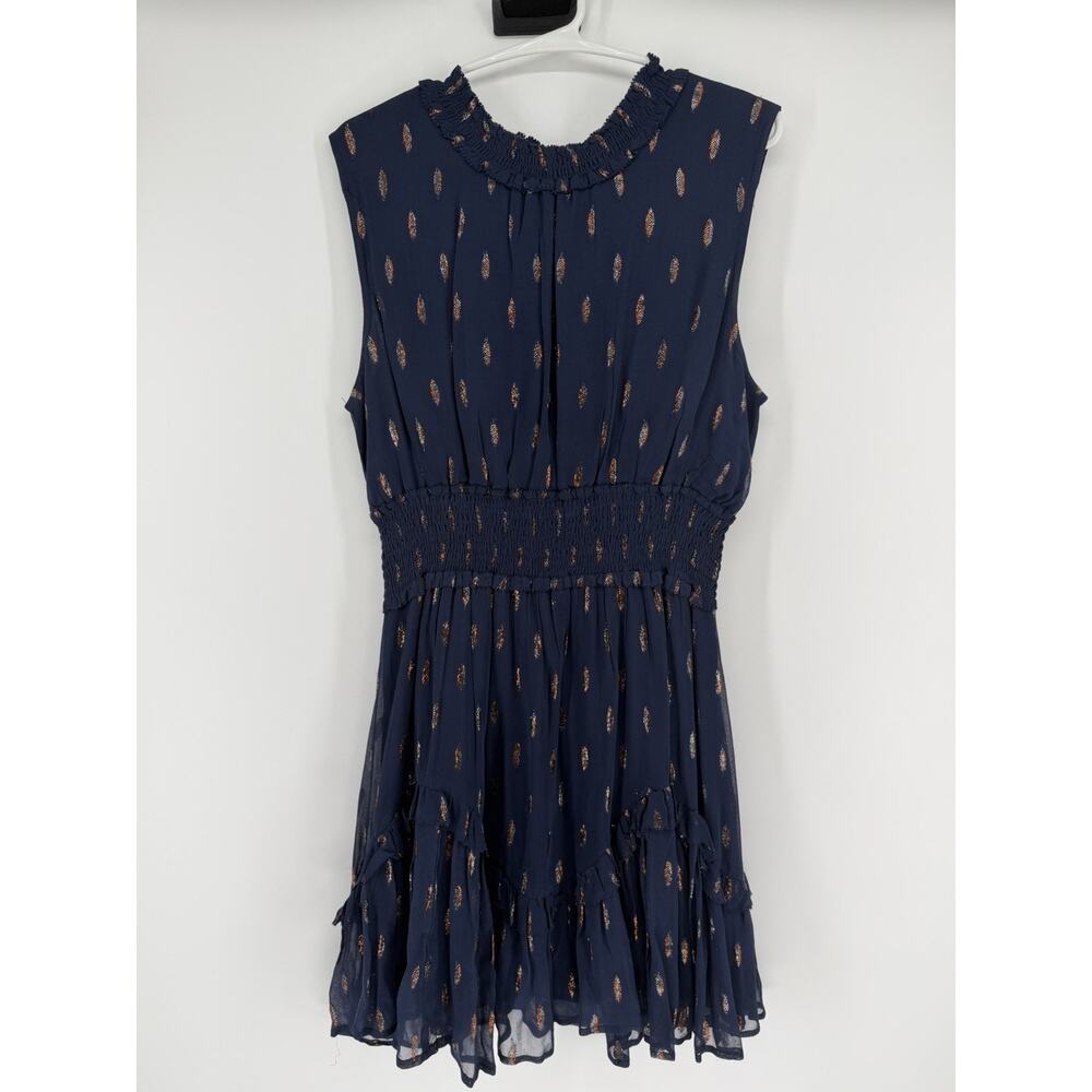 Ciebon Mixed Metallic Smoked Waist Neck Sleeveless Mini Dress Womens Medium Navy
